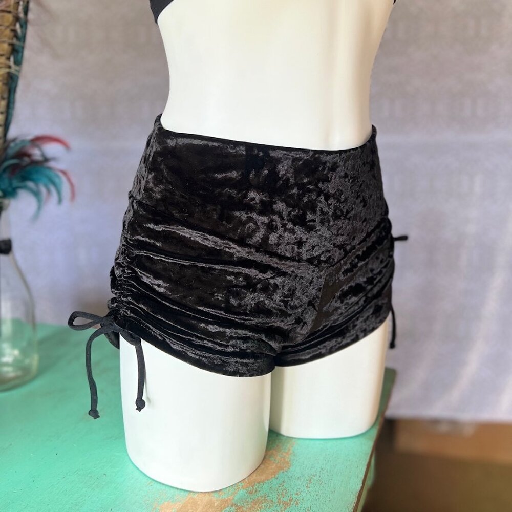 Black Velvet High-Waist Ruched Women’s Shorts
